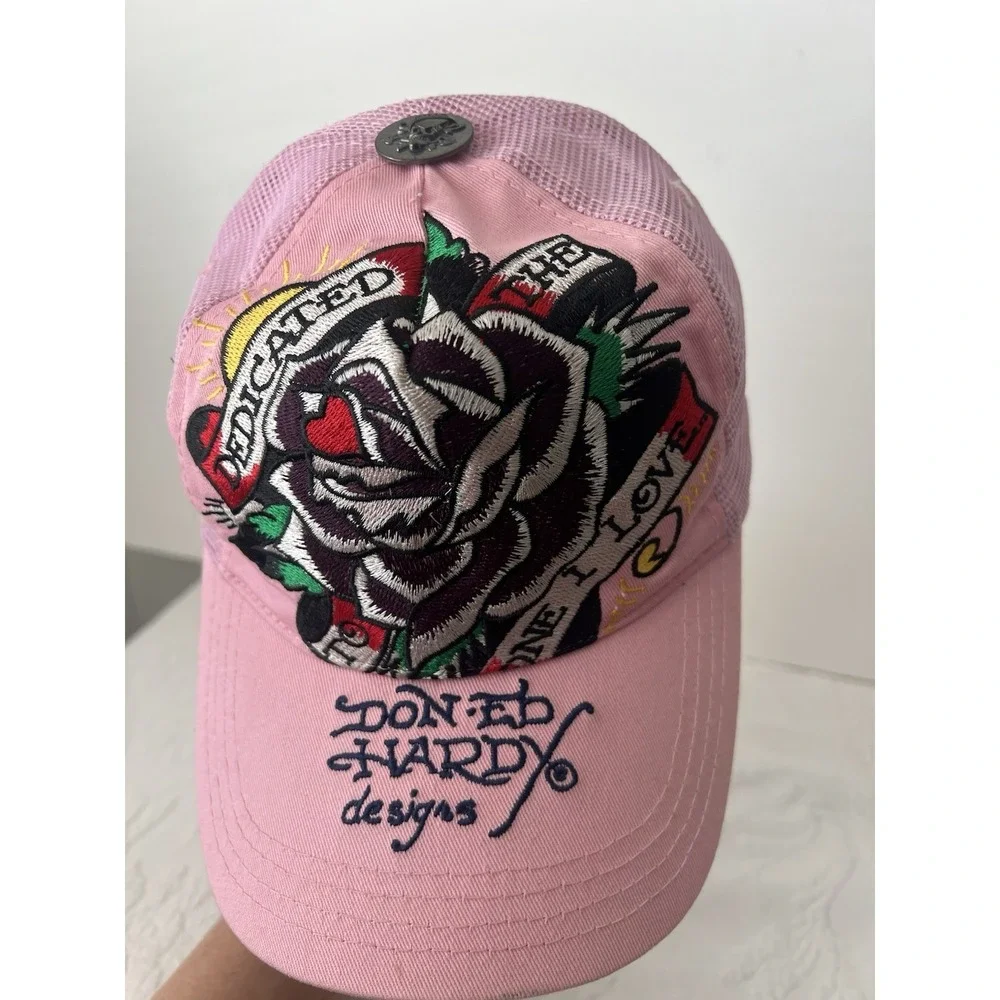VTG Y2K Ed Hardy Hat Cap Snap Back Mesh Trucker Pink Dedicated Tattoo Denim